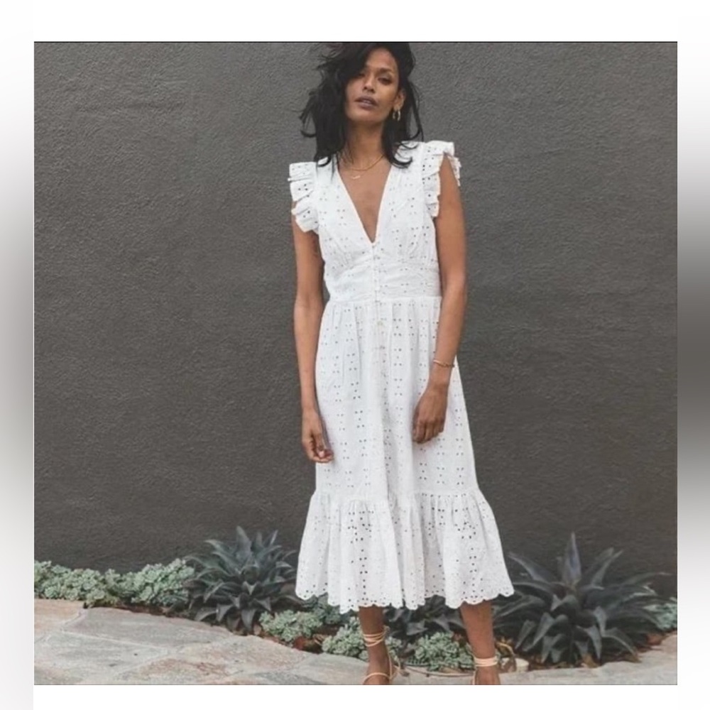 Cleobella White Maxi Sundress with Flutter Sleeves and V-neck